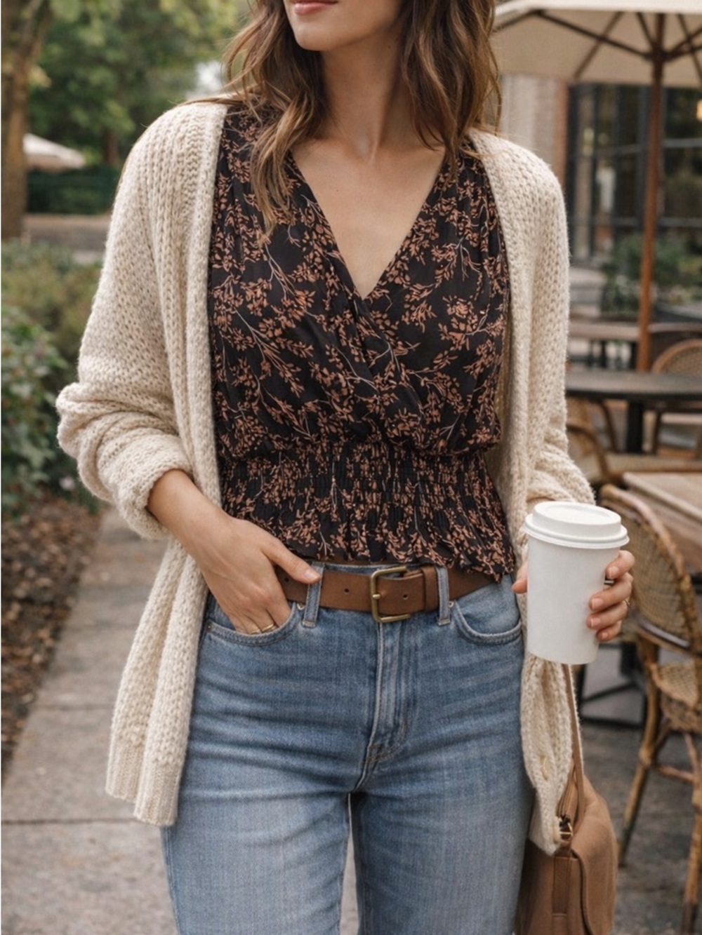 Japna Floral Smocked Waist Blouse Boho Fall V Neck XS Black Brown